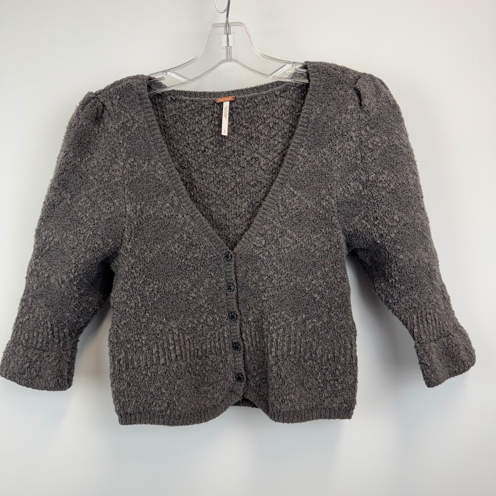 Free People Gray Boucle‎ Knit Puffed Shoulder Cropped Cardigan Sweater Womens S